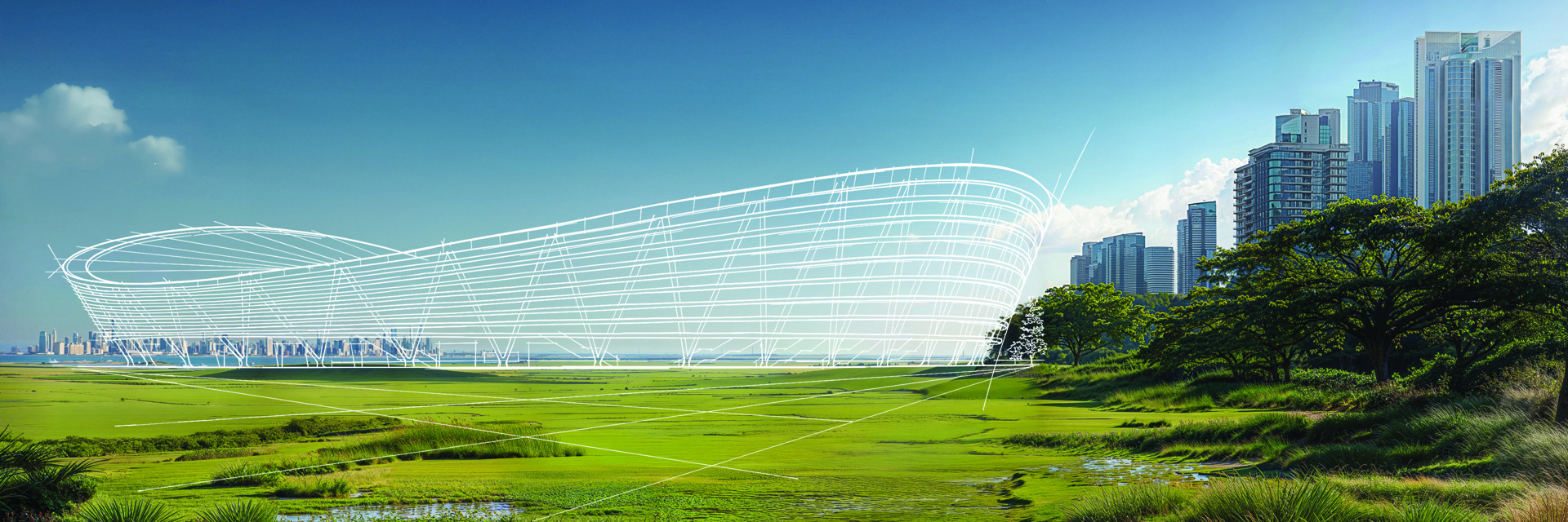 Illustration av en futuristisk stadion med vit genomskinlig struktur, placerad på en grön äng. Höga skyskrapor syns till höger i bakgrunden, medan blå himmel och några moln framhäver en modern och hållbar stadsdesign.